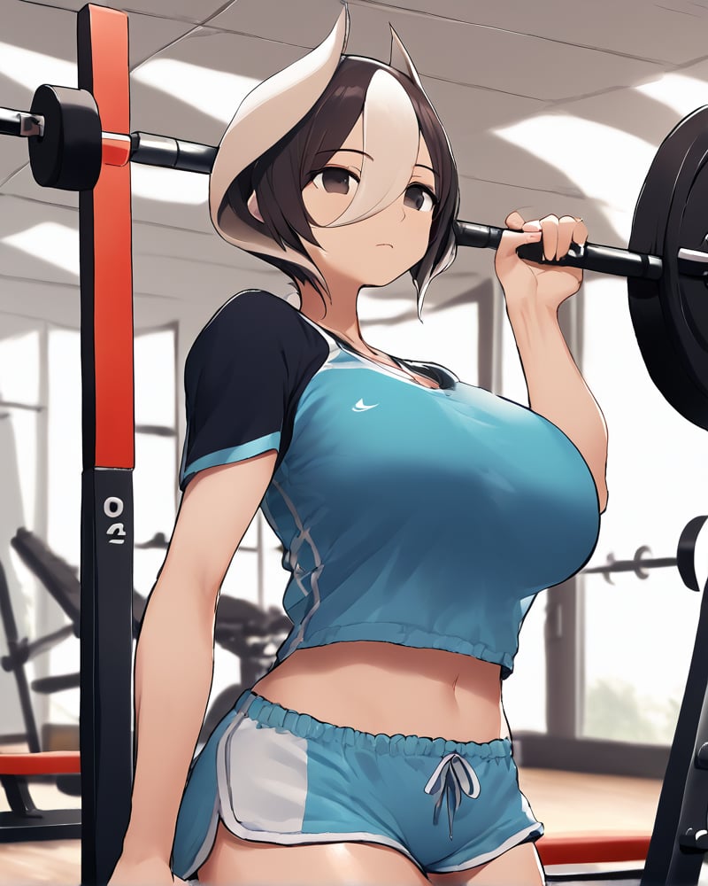 Materpiece, ozen, solo_female, large_breasts, clevage, clothed, gym_cloths, dolphin_shorts