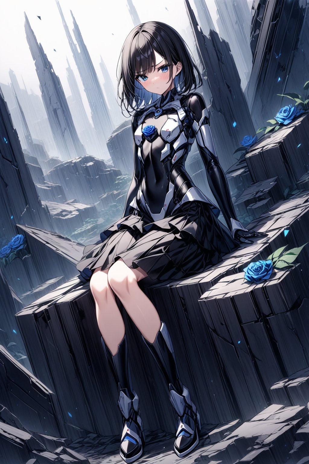 score_9, score_8_up, score_7_up, score_6_up, score_5_up, score_4_up, perfect anatomy,
1girl, black hair, shiny skin, full body ,flat_chest, short straight black hair, sad, sit, one raised eyebrow, wearing a black and white metal cyborg suit broken, one arm robotic, blue rose crest on chest, dark future battlefield background, ,short_jacket