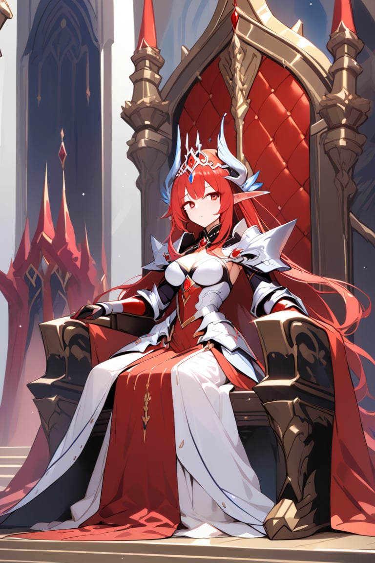 monster_girl, princess, goddess, dress, red, eyes red, firmness, armor, throne room, 1girl, sitting on the throne, with knights kneeling around