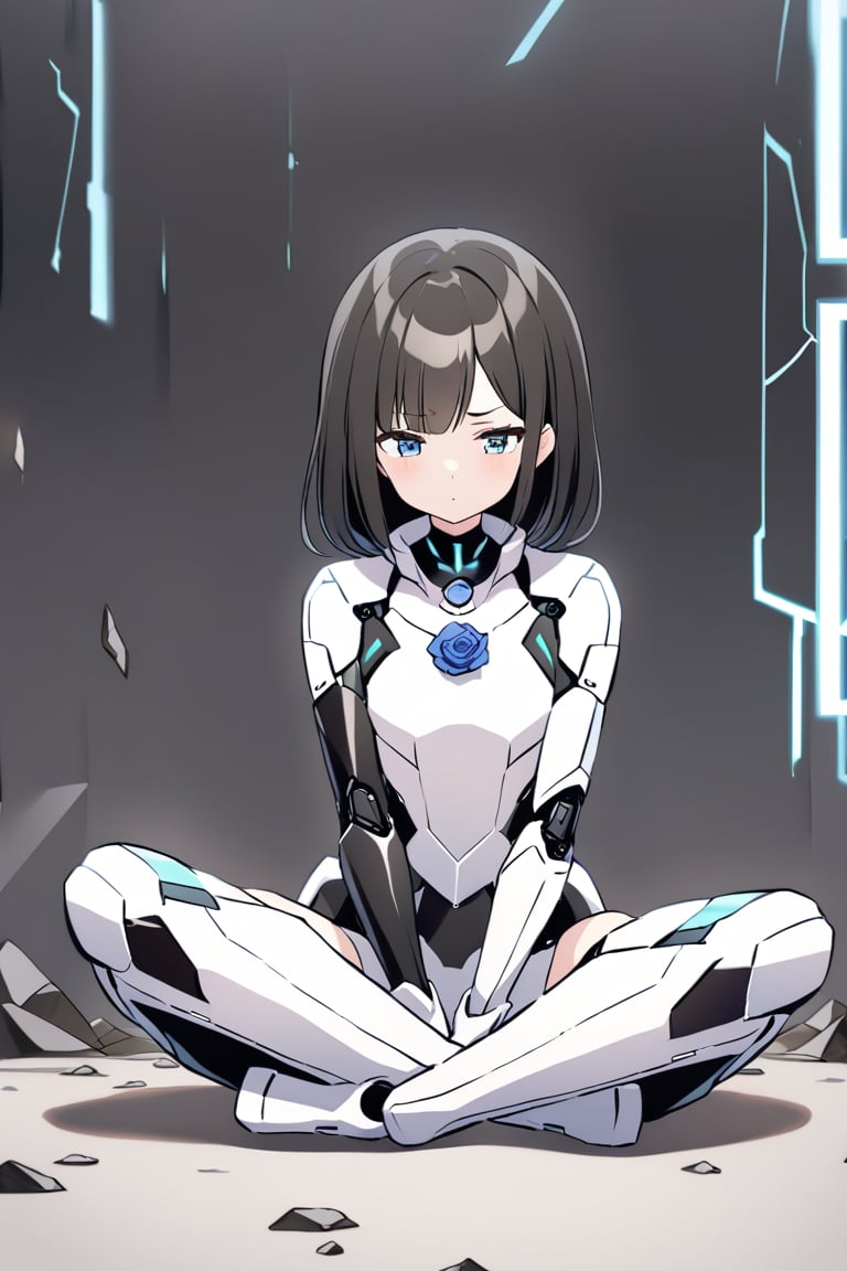 score_9, score_8_up, score_7_up, score_6_up, score_5_up, score_4_up, perfect anatomy, 1girl, black hair, shiny skin, full body ,flat_chest, short straight black hair, sad, sit, one raised eyebrow, wearing a black and white metal cyborg suit broken, one arm robotic, blue rose crest on chest, dark future battlefield background, ,short_jacket, tokishikko dana,