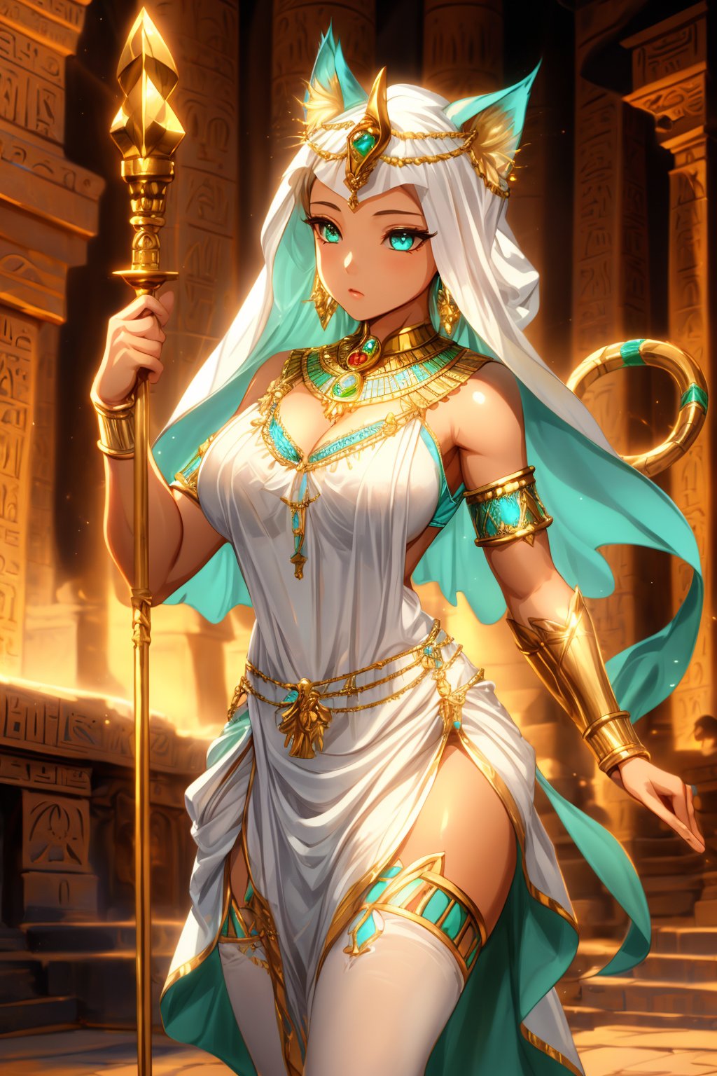 ((masterpiece)), ((best quality)), 8k, high detailed, ultra-detailed, (1girl), wearing high heels, stockings, (solo), sleeveless, (natural lighting), high detailed, ultra-detailed.Wusiii,Wusiii. 

Bastet is depicted as a radiant goddess with human features, adorned with cat-like ears and a graceful tail. Her golden skin glows under the torchlight in an ancient Egyptian temple. She wears a white linen dress with gold and turquoise details, a jeweled collar, and golden bracelets. In one hand, she holds a sacred sistrum, while the other grips a curved ceremonial dagger. Her emerald eyes glow with mystery, and her expression is poised and powerful. The temple floor is inscribed with hieroglyphs, and the atmosphere is filled with a warm, mystical light. Bastet embodies both grace and authority, as a goddess of protection, music, and fierce warrior spirit.