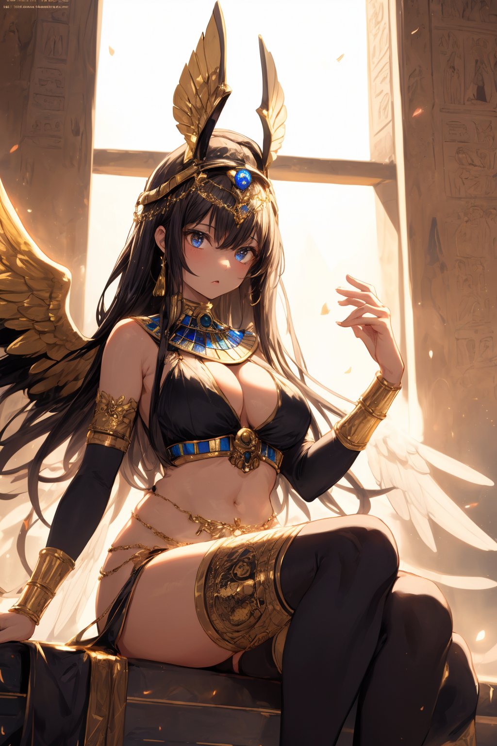 ((masterpiece)), ((best quality)), 8k, high detailed, ultra-detailed, (1girl), wearing high heels, stockings, (solo), sleeveless, (arm support), long hair, sitting, (panorama), (natural lighting), high detailed, ultra-detailed.Wusiii,Wusiii. Nefertiti is depicted in an ancient Egyptian style, wearing her iconic tall headdress adorned with golden details. Her face has a serene and regal expression, with elongated eyes outlined in black, emphasizing her nobility. Her skin is a golden tone, and she wears a wide collar with golden bands and decorations. She stands in a dignified pose, with one hand gently raised toward a golden winged scarab beetle that floats beside her. The scarab is detailed and glows with a magical aura, adding a mystical touch to the scene.