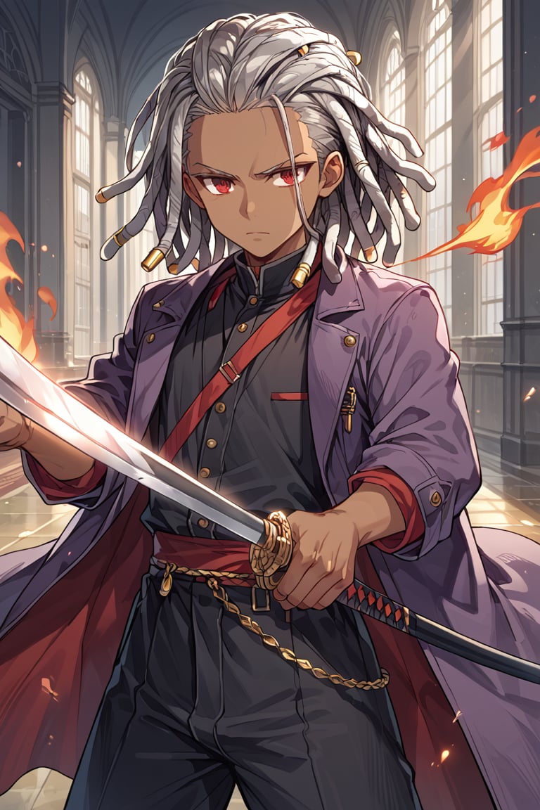 Highly detailed.High Quality.Masterpiece. different poses, expressive expressions,Manor,(indoor background),good_hands,male focus, (SOLO), black race skin, african dark skin, Short height ,young boy,(scarlet eyes),(grey hair), Skinny physique, ((dreadlocks)), purple trench coat, black kimono pants, wielding flaming Katana,



score_9,score_8_up,score_7_up,source_anime,BREAK, fighting Stance