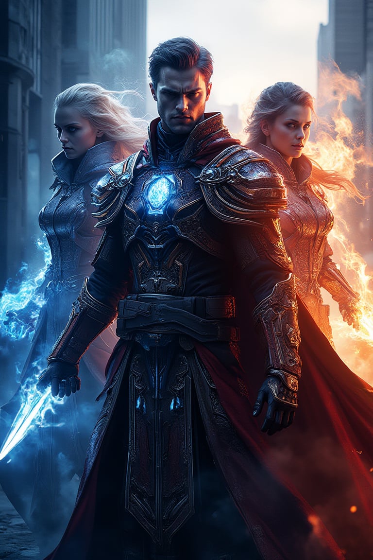 The handsome man with fiery eyes and blazing was cloaked in ice and fire, the 2 women behind him emitted an aura of fire and ice and used weapons