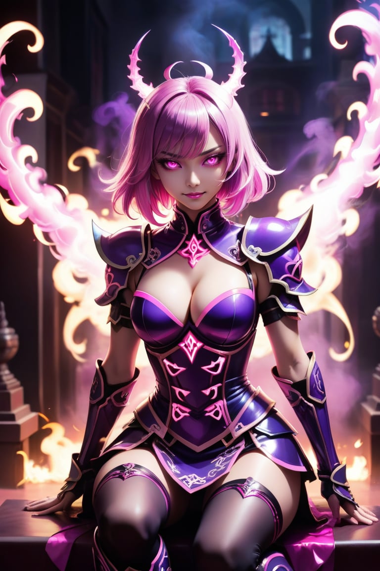 小林,corruption,empty eyes,half-closed eyes,evil smile,no pupils,evil grin,combatant,dark magical girl,layered skirt,showgirl skirt, Sexy tight armor,
Sexy tight fluorescent purple armor. Pink fluorescent smoke. Defeated. Foot trampling a man who was kneeling and begging for mercy. A contemptuous look. (sitting on the sofa).