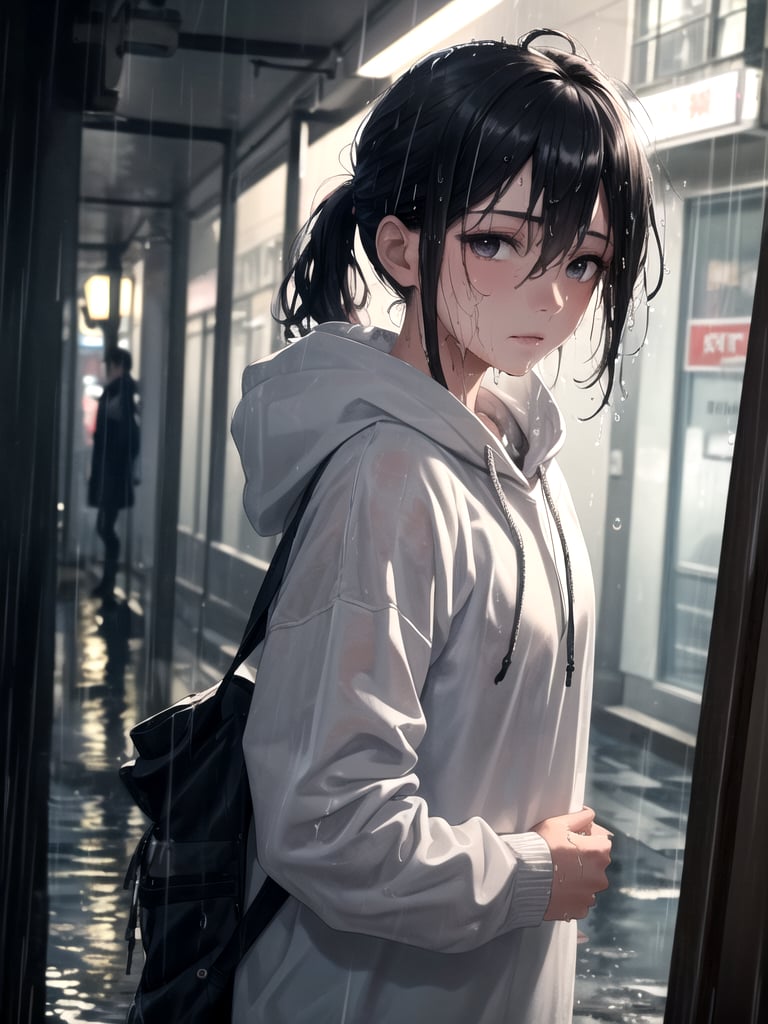 (masterpiece, better quality:1.25), solo, 1girl, female thief in rain, self hug, expressionless, (looking to the side), portrait, black eyes, black hair, ponytail, sidelocks, straight hair, hair between eyes, ahoge, (silver streak hair at front), streaked hair, (wet hair:1.2), (water droplets), grey hoodie with white drawstring, flat chest, (wet clothes), slum street background, night, (rain:1.2),