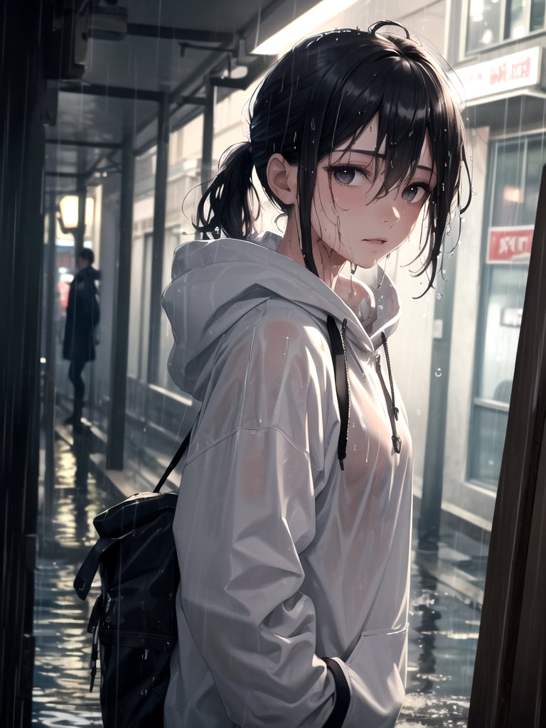 (masterpiece, better quality:1.25), solo, 1girl, female thief in rain, self hug, expressionless, (looking to the side), portrait, black eyes, black hair, ponytail, sidelocks, straight hair, hair between eyes, ahoge, (silver streak hair at front), streaked hair, (wet hair:1.2), (water droplets), grey hoodie with white drawstring, flat chest, (wet clothes), slum street background, night, (rain:1.2),