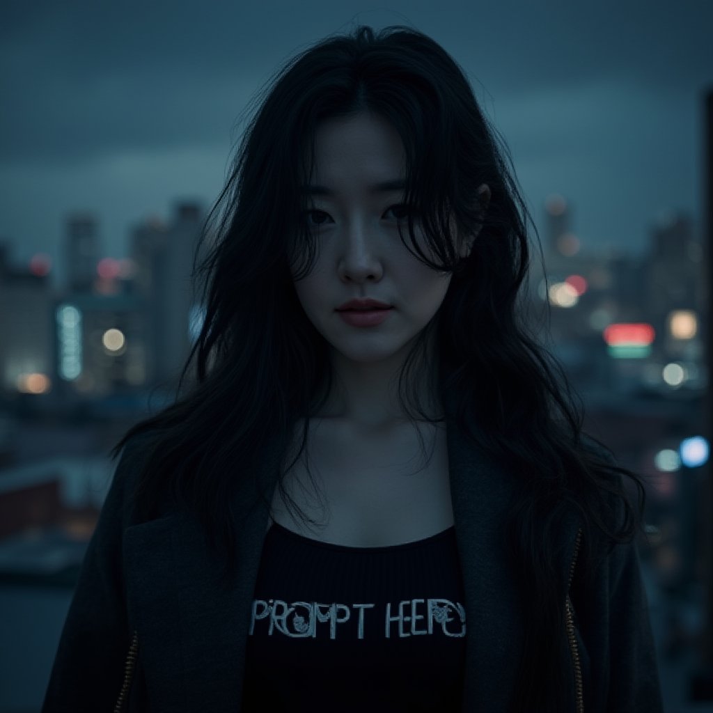 youngae01, high resolution, 8k, youngae, Close-up portrait of 1girl solo long hair, a cyberpunk girl with Prompt Hero text on her chest, standing on rooftop with a dark dystopian city in the background, dynamic pose, fierce, comics style, extremely intricate, extremely detailed, ominous lighting, dramatic lighting, dark stormy night, shot with Hasselblad, long exposure