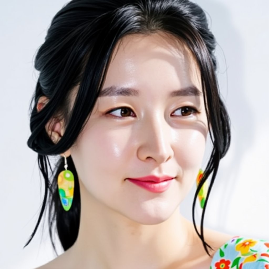 
youngae5362, high resolution, 8k, Close-up portrait of lgirl solo smile simple background black hair white background brown eyes jewelry flower earrings black eyes lips looking to the side floral print realistic