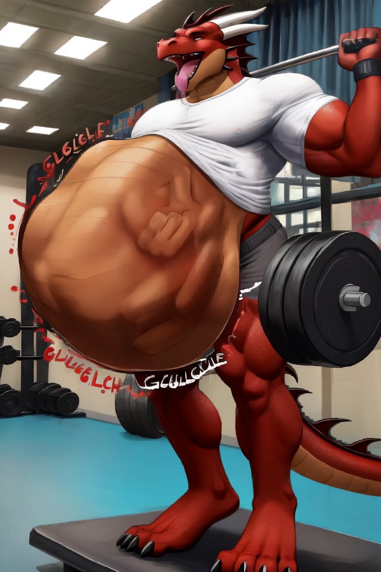 Huge Male Muscular dark brown dragon, at a gym, (vore belly), (lifting weights), (digestion vore), (dark belly), (unwilling prey), (dragon) (wearing grey shorts and a white shirt) (belching)