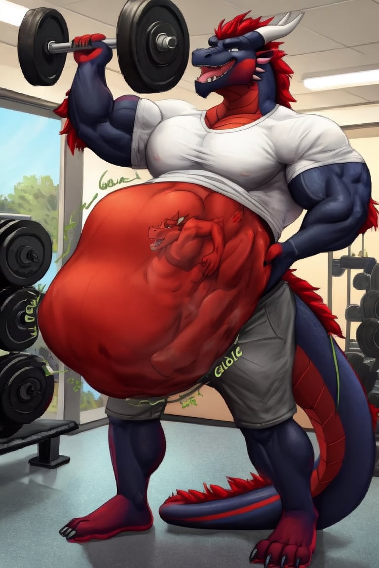 Huge Male Muscular dark red dragon, at a gym, (vore belly), (lifting weights), (digestion vore), (dark belly), (unwilling prey), (dragon) (wearing grey shorts and a white shirt) (belching)