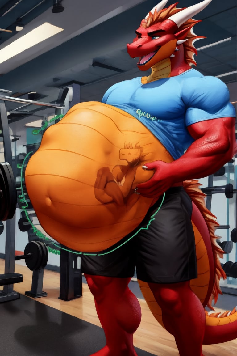 Huge Male Muscular dark red dragon, at a gym, (vore belly), (lifting weights), (digestion vore), (dark belly), (willing prey), (dragon) (wearing black shorts and a blue shirt) (belching)