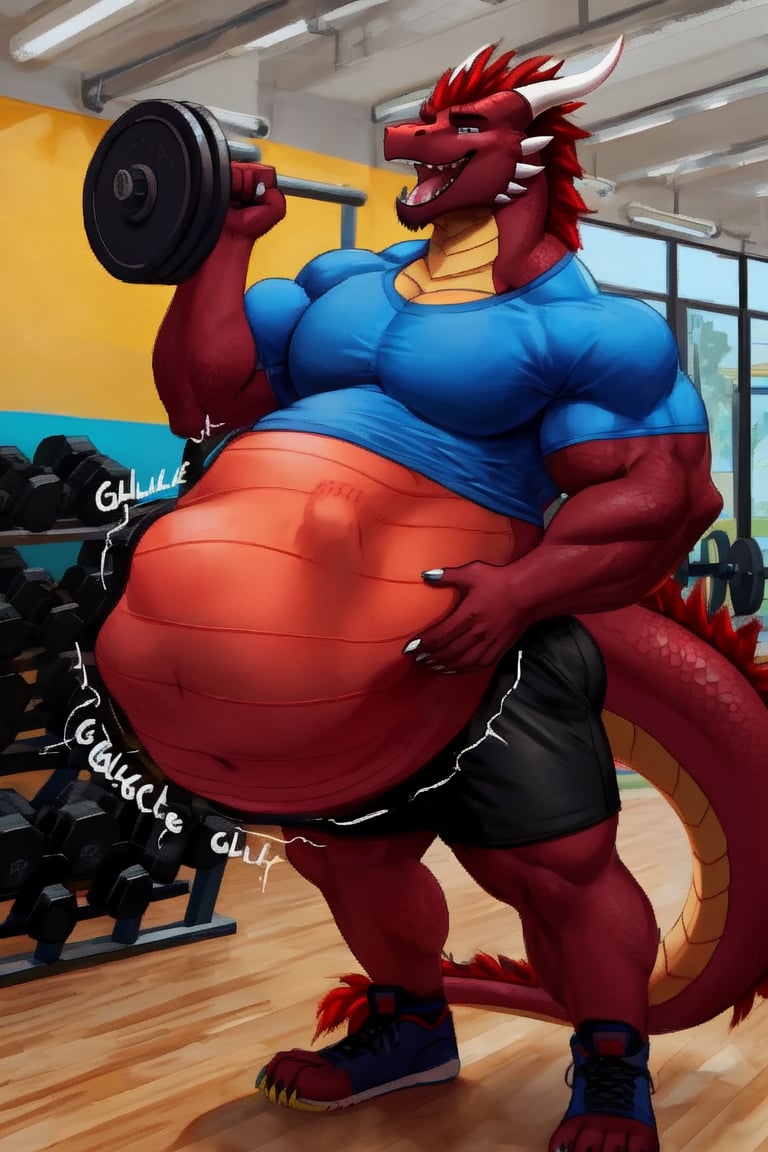 Huge Male Muscular dark red dragon, at a gym, (vore belly), (lifting weights), (digestion vore), (dark belly), (willing prey), (dragon) (wearing black shorts and a blue shirt) (belching)