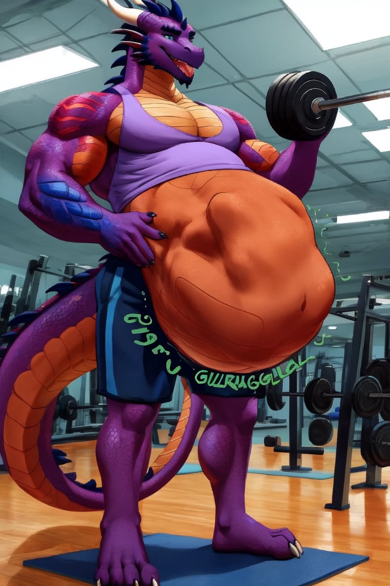 Huge Male Muscular dark red dragon, at a gym, (vore belly), (lifting weights), (digestion vore), (dark belly), (unwilling prey), (dragon) (wearing dark blue shorts and a bright blue shirt) (belching),(tall dragon),(small human standing next to the tall dragons belly)