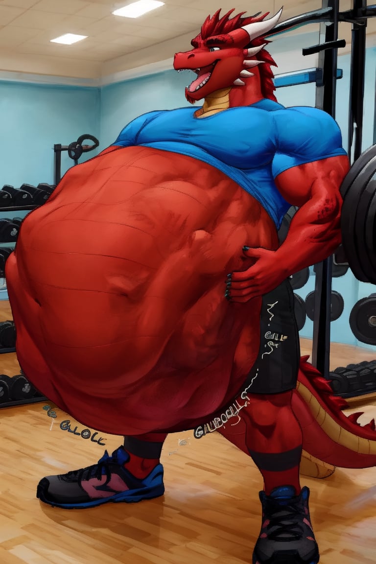 Huge Male Muscular dark red dragon, at a gym, (vore belly), (lifting weights), (digestion vore), (dark belly), (unwilling prey), (dragon) (wearing black shorts and a blue shirt) (belching)