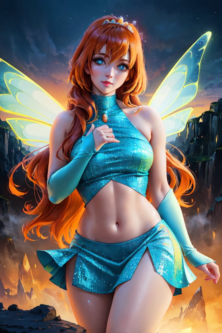 (Bloom), (orange hair, blue eyes, bangs, long hair), (fairy outfit), (blue croptop, blue skirt, sparkling clothing, fairy wings, tiara), (realistic:), (masterpiece), (full-body-shot),(Cowboy-shot), neon lighting, dark romantic lighting, (highly detailed),(detailed face:, (gradients), colorful, detailed eyes, (detailed landscape), (natural lighting), (cute pose), (solo, one person, 1girl), 