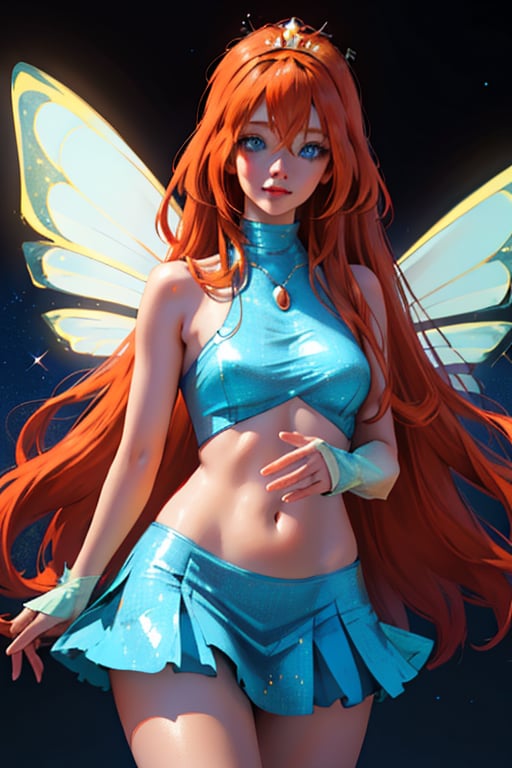 (Bloom), (orange hair, blue eyes, bangs, long hair), (fairy outfit), (blue croptop, blue skirt, sparkling clothing, fairy wings, tiara),(realistic:), (masterpiece), (full-body-shot:1),(Cowboy-shot:1.2), neon lighting, dark romantic lighting, (highly detailed),(detailed face), (gradients), colorful, detailed eyes, (cute pose), (solo, one person, 1girl), 