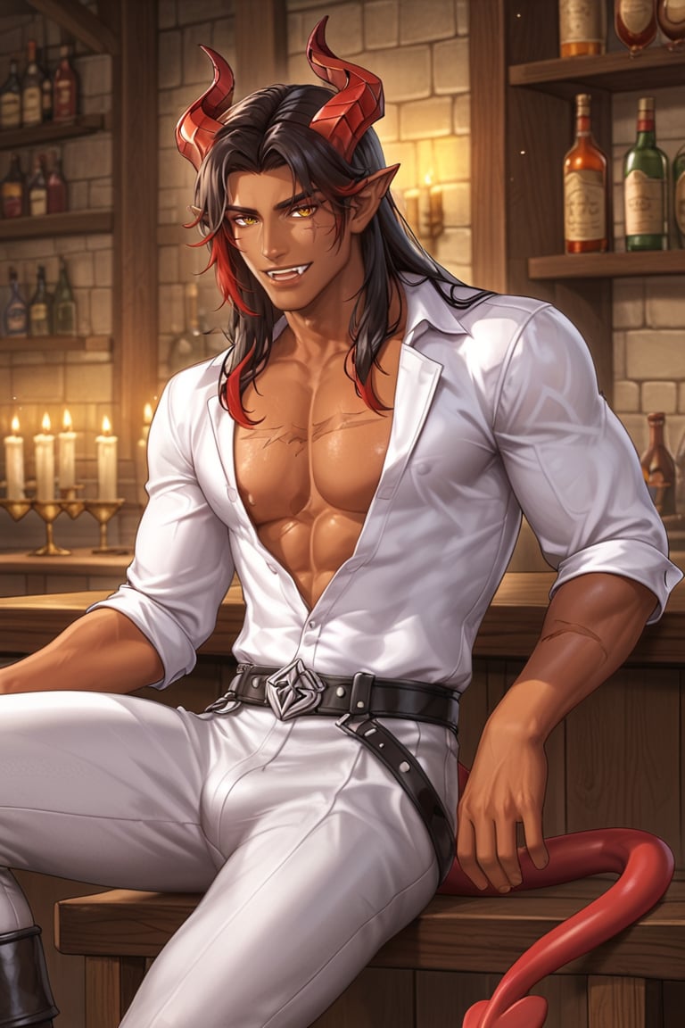 In a medieval tavern, a tiefling male sits at the bar, bathed in warm candlelight that accentuates his dark tan complexion. The large scar across his eye adds a touch of mystery to his attractive, handsome, masculine, clean-shaven face. His tall, lithe, lean physique is showcased by a black leather jacket over a leather harness, highlighting his physique and chest scar over his right pec. He wears tight leather pants and sits forward, relaxed with a goblet of liquor in hand. Shaggy, messy layered mullet of black hair with many crimson red highlights falls just past his shoulders, framing his pointed ears and horns. His fingernails are painted black. Two horns curl backward, their color dark tan like his complextion, with red tips. His thick spade tipped devil tail, in the same colors as his horns, rests beside him. His expression is a playful and flirty smirk. His eyes are like topaz and glint in the light, along with his small fangs. His demeanor is easygoing.