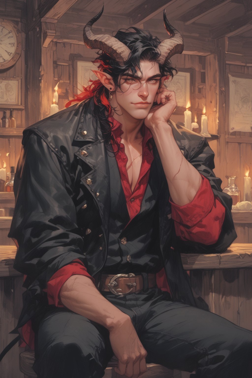 score_9,score_8_up,score_7_up,score_6_up, In a medieval tavern, a tiefling male sits at the bar, bathed in warm candlelight that accentuates his dark tan complexion. The large scar across his eye adds a touch of mystery to his attractive, handsome, masculine, clean-shaven face. His tall, lithe, lean physique is showcased by a short, cropped black leather jacket over a leather harness, highlighting his physique and chest scar over his right pec. He wears tight black leather pants and sits relaxed with a goblet of liquor. A shaggy, messy layered mullet of black hair with many crimson red highlights falls just past his shoulders, framing his pointed ears and horns. His fingernails are painted black. Two horns curl backward, their color dark tan like his complexion, with red tips. His thick spade tipped devil tail, in the same colors as his horns, rests behind him. His expression is a playful and flirty smirk. His eyes are like topaz and glint in the light, along with his small fangs. His demeanor is easygoing., colored s,Tiefling