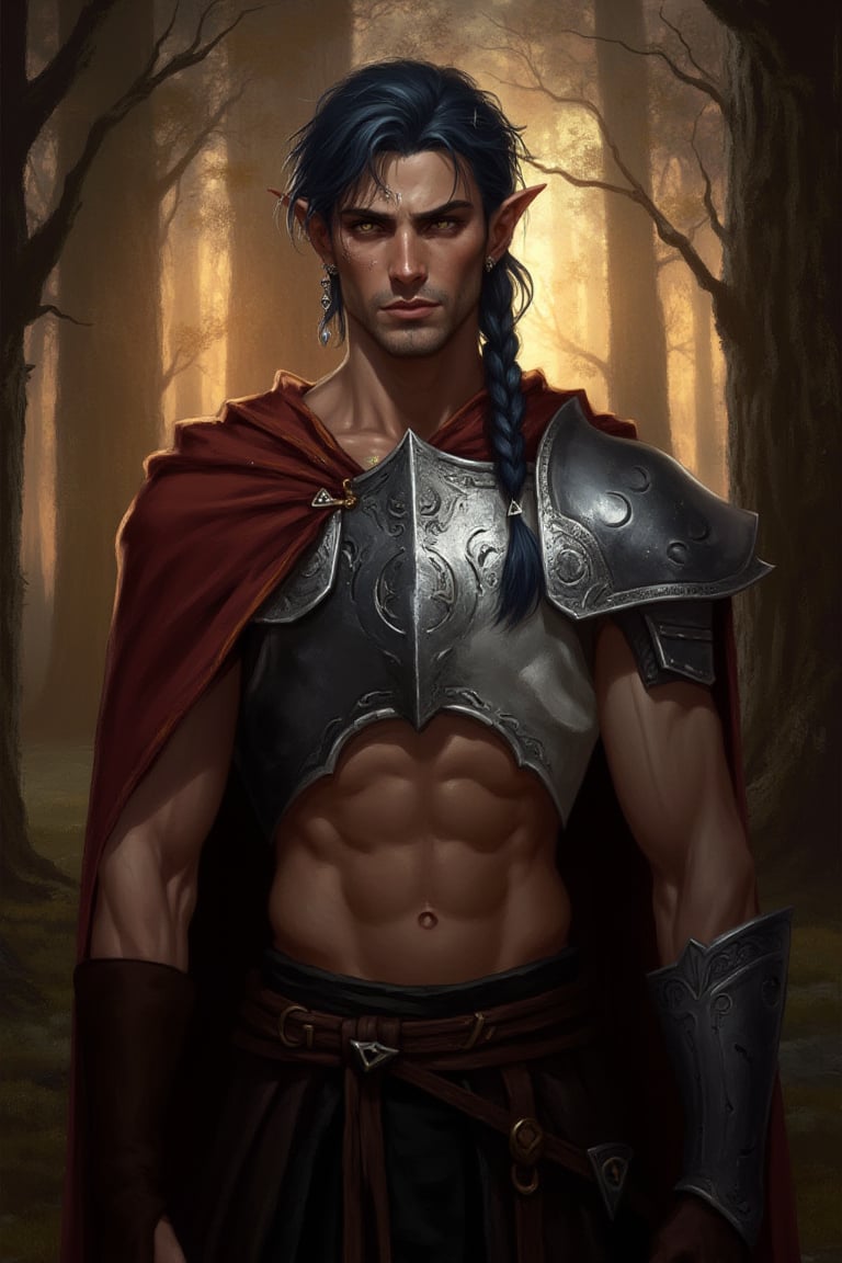 A Dungeons & Dragons Forgotten Realms setting image of a handsome half-elf male with dark muted navy blue hair in a long, messy single side braid over his shoulder. He has golden eyes that twinkle like stars, and elegant, masculine features. Has a strong jawline and His complexion is pale like moonlight. He has a calm demeanor and a kind, sad expression. He appears age 35. He is a cleric of Sehanine Moonbow, an elven goddess of twilight and dreams. He wears a red cape over one shoulder with a short, cropped white blouse, showing his toned physique and abs. On top of the blouse he wears silver chestplate armor with moon phase emblems, and a pauldron with moon emblems on the same shoulder as the cape. He wears dark brown fingerless gloves and black trousers with a brown leather belt. He has pierced ears with triangle shaped earrings in the symbol of Angharradh. Highly detailed Moon phase motifs are present on his armor. The background is a forest of tall trees at dawn, the warm light of the sunrise cascading through the trees. There is detailed, dynamic lighting reflecting off his armor and dappled light through the trees.