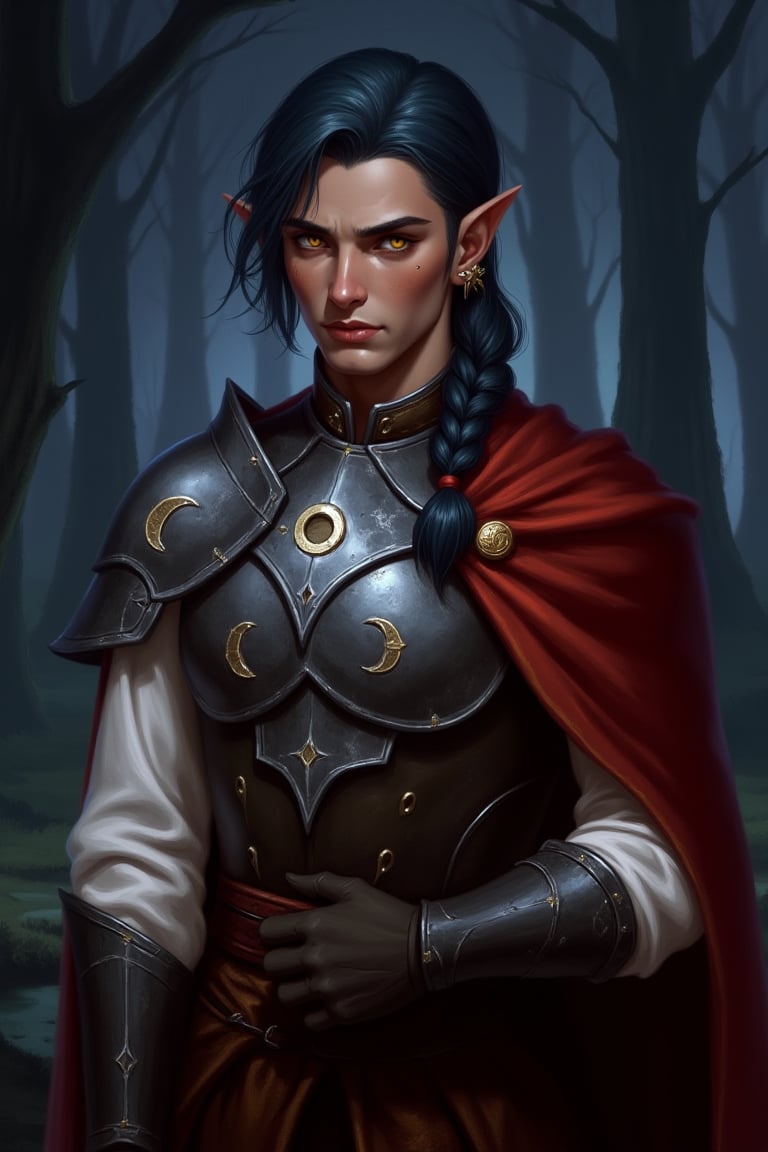 A Dungeons & Dragons Forgotten Realms setting image of a handsome half-elf male with dark muted navy blue hair in a messy single side braid, golden eyes, and elegant features. He has a calm demeanor and a kind sad expression. He age 35 and is a cleric of Sehanine Moonbow. He wears a red cape over one shoulder with a cropped white blouse. On top of the blouse he wears silver chestplate armor with moon emblems, and a pauldron with moon emblems on one shoulder. He wears dark brown gloves and trousers. Has pierced ears with earrings in the symbol of Angharradh. The background is a forest of tall trees at twilight, the sky dark.