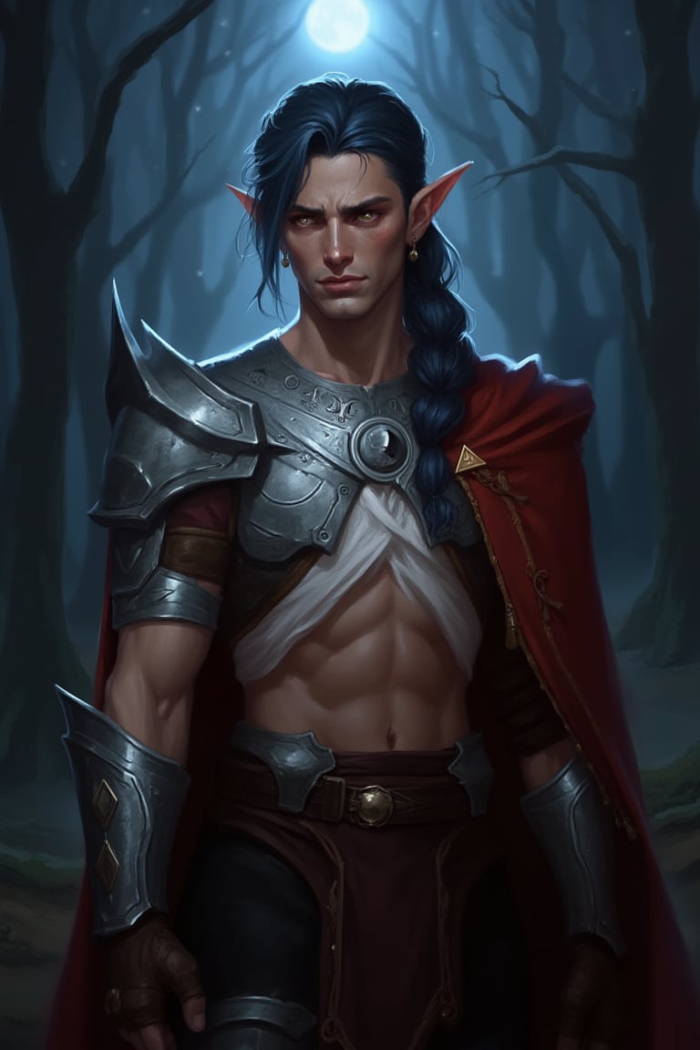 A Dungeons & Dragons Forgotten Realms setting image of a handsome half-elf male with dark muted navy blue hair in a long, messy single side braid over his shoulder. He has golden eyes that twinkle like stars and elegant, masculine features. Has a strong jawline and His complexion is pale like moonlight. He has a calm demeanor and a kind, sad expression. He appears age 35. He is a cleric of Sehanine Moonbow, an elven goddess of twilight and dreams. He wears a red cape over one shoulder with a short, cropped white blouse, showing his toned physique and abs. On top of the blouse he wears silver chestplate armor with moon phase emblems, and a pauldron with moon emblems on the same shoulder as the cape. He wears dark brown gloves and black trousers with a brown leather belt. He has pierced ears with triangle earrings in the symbol of Angharradh. Highly detailed Moon phase motifs are present on his armor. The background is a forest of tall trees at twilight, the moon casting cool light over the scene. There is dynamic lighting, the glow of moonlight reflects off his armor.