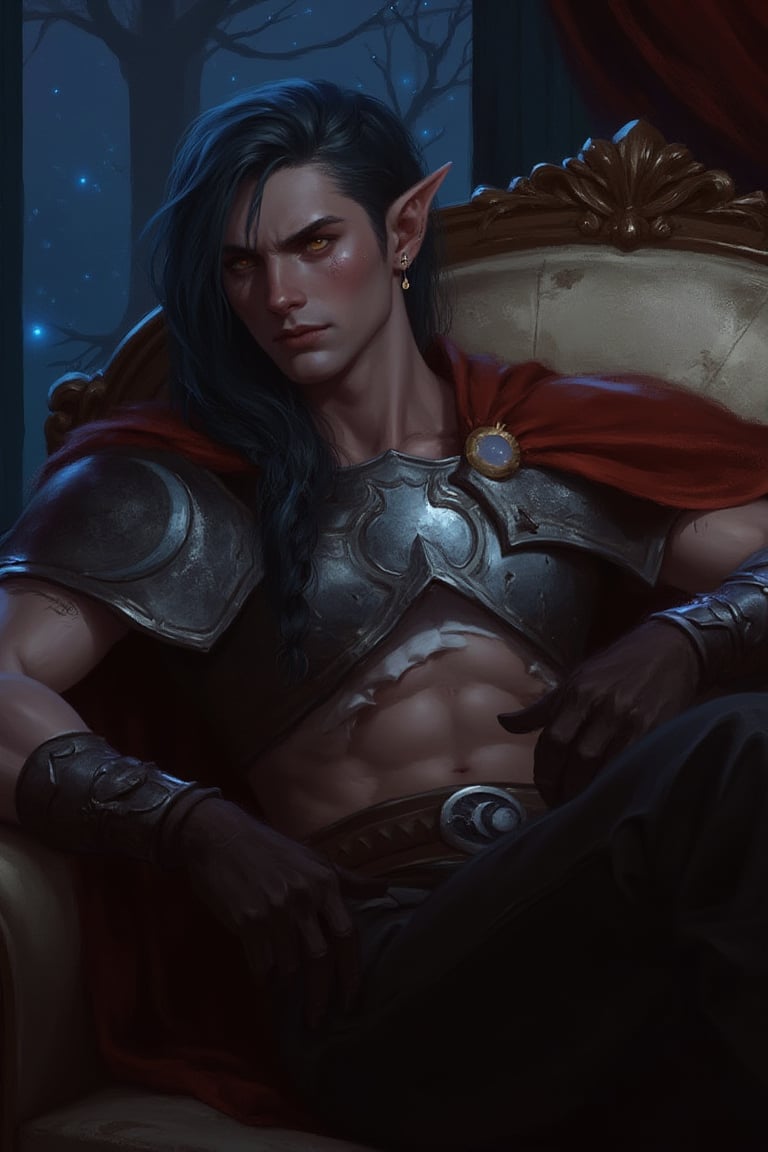 A Dungeons & Dragons Forgotten Realms setting image of a handsome half-elf male with dark muted navy blue hair in a messy, loose single side braid over his shoulder. He has golden eyes that twinkle like stars and elegant, masculine features. Has a strong jawline and his complexion is pale. He has a calm demeanor and a kind, sad expression. He appears age 35. He is a cleric of Sehanine Moonbow, an elven goddess of twilight and dreams. He wears a red cape over one shoulder with a silver pauldron featuring detailed Moon designs. He wears a short, cropped white blouse showing his toned physique and abs. On top of the blouse he wears silver chestplate armor with moon phase emblems. He wears dark brown gloves and black trousers with a brown leather belt. He has pierced ears with triangle earrings in the symbol of Angharradh. Highly detailed Moon phase motifs are present on his armor. He sits relaxed on a regal sofa, the sky dark, moonlight shining through the window. There is dynamic lighting from the floors of moonlight, reflecting off his armor. His appearance is ethereal. Fantasy detailers 