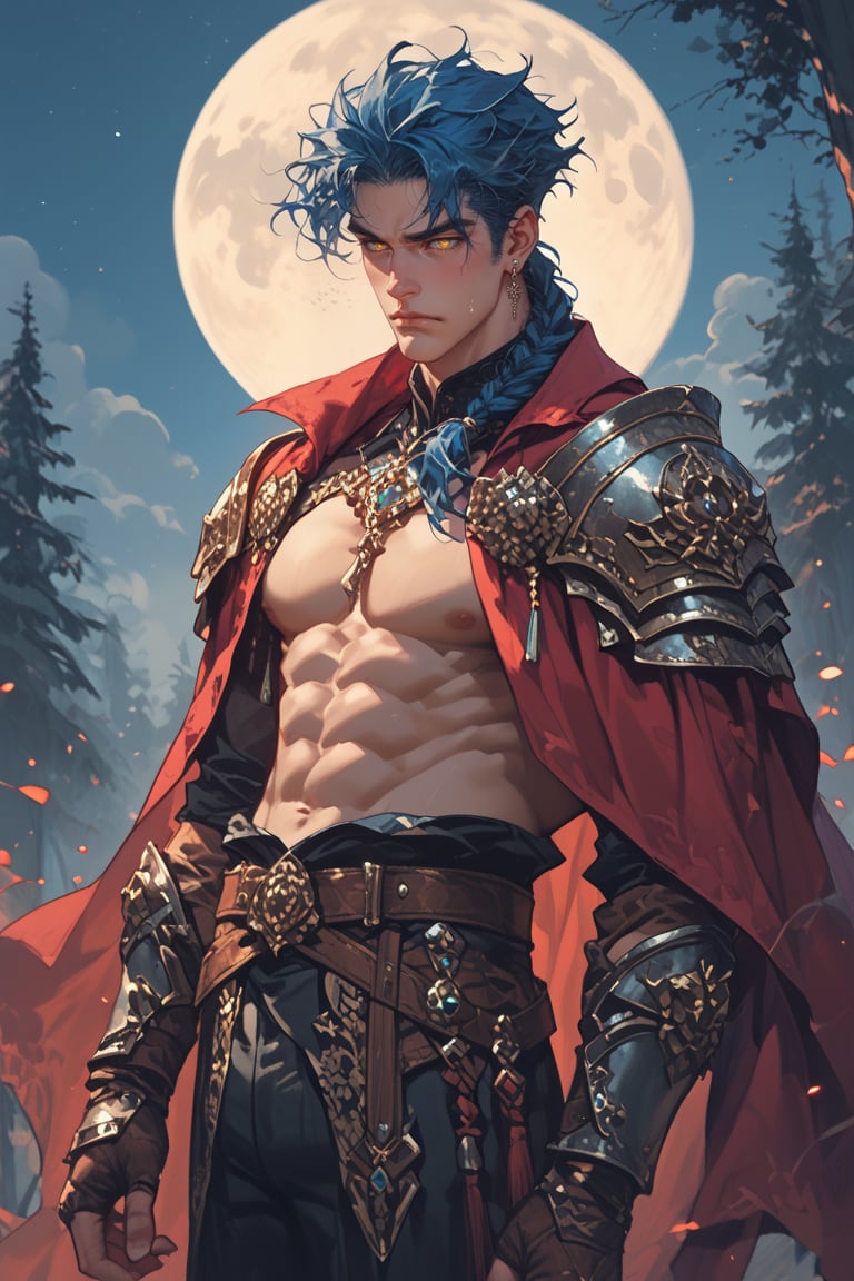 score_9,score_8_up,score_7_up,score_6_up, A Dungeons & Dragons Forgotten Realms setting image of a handsome half-elf male with dark muted navy blue hair in a long, messy single side braid over his shoulder. He has golden eyes that twinkle like stars, and elegant, masculine features. Has a strong jawline and his complexion is pale like moonlight. He has a calm demeanor and a kind, sad expression. He appears age 35. He is a cleric of Sehanine Moonbow, an elven goddess of twilight and dreams. He wears a red cape over one shoulder with a short, cropped white blouse, showing his toned physique and abs. On top of the blouse he wears silver chestplate armor with moon phase emblems, and a pauldron with moon emblems on the same shoulder as the cape. He wears dark brown fingerless gloves and black trousers with a brown leather belt. He has pierced ears with triangle shaped earrings in the symbol of Angharradh. Highly detailed Moon phase motifs are present on his armor. He leans against a tree, looking off in thought. The background is a forest of tall trees at night, the stars sparkling. There is detailed, dynamic lighting reflecting off his armor and dappled moonlight through the trees.
colored s, Ukiyo-e