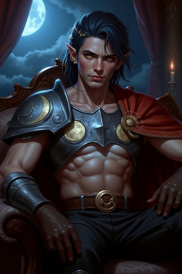 A Dungeons & Dragons Forgotten Realms setting image of a handsome half-elf male with dark muted navy blue hair in a messy, loose single side braid over his shoulder. He has golden eyes that twinkle like stars and elegant, masculine features. Has a strong jawline and his complexion is pale. He has a calm demeanor and a kind, sad expression. He appears age 35. He is a cleric of Sehanine Moonbow, an elven goddess of twilight and dreams. He wears a red cape over one shoulder with a silver pauldron featuring detailed Moon designs. He wears a short, cropped white blouse showing his toned physique and abs. On top of the blouse he wears silver chestplate armor with moon phase emblems. He wears dark brown gloves and black trousers with a brown leather belt. He has pierced ears with triangle earrings in the symbol of Angharradh. Highly detailed Moon phase motifs are present on his armor. He sits relaxed on a regal sofa, the sky dark, moonlight shining through the window. There is dynamic lighting from the moonlight, reflecting off his armor. His appearance is ethereal.