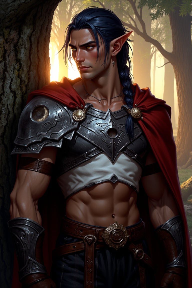 A Dungeons & Dragons Forgotten Realms setting image of a handsome half-elf male with dark muted navy blue hair in a long, messy single side braid over his shoulder. He has golden eyes that twinkle like stars, and elegant, masculine features. Has a strong jawline and His complexion is pale like moonlight. He has a calm demeanor and a kind, sad expression. He appears age 35. He is a cleric of Sehanine Moonbow, an elven goddess of twilight and dreams. He wears a red cape over one shoulder with a short, cropped white blouse, showing his toned physique and abs. On top of the blouse he wears silver chestplate armor with moon phase emblems, and a pauldron with moon emblems on the same shoulder as the cape. He wears dark brown fingerless gloves and black trousers with a brown leather belt. He has pierced ears with triangle shaped earrings in the symbol of Angharradh. Highly detailed Moon phase motifs are present on his armor. He leans against a tree, looking off in thought. The background is a forest of tall trees at dawn, the warm light of the sunrise cascading through the trees. There is detailed, dynamic lighting reflecting off his armor and dappled light through the trees.