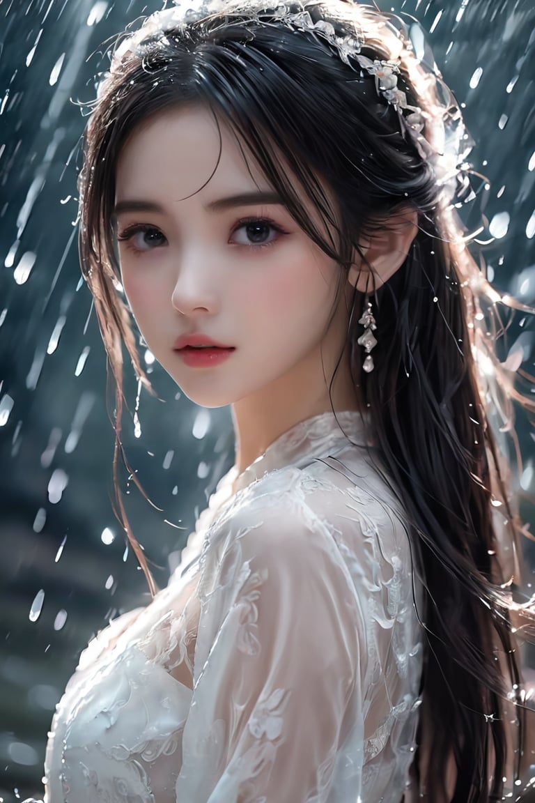 1girl,  long hair, white lace dress, in the torrential rain, masterpiece, high quality, High resolution, (Realistic:1.4), Beautiful face in every detail, high quality, very cute, portraiture, soft skin, perfect face