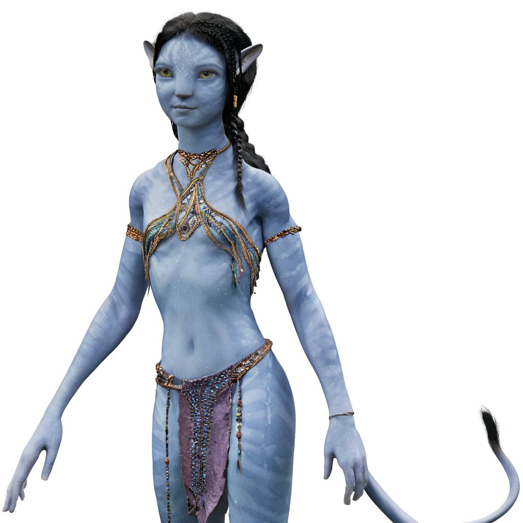 na’vi, alien, female, blue skin, colored skin, pointed ears, freckles, braided black hair, tribal jewelry, tail, purple loincloth, skin details, navel, full body, blank background, visual dictionary, More Reasonable Details