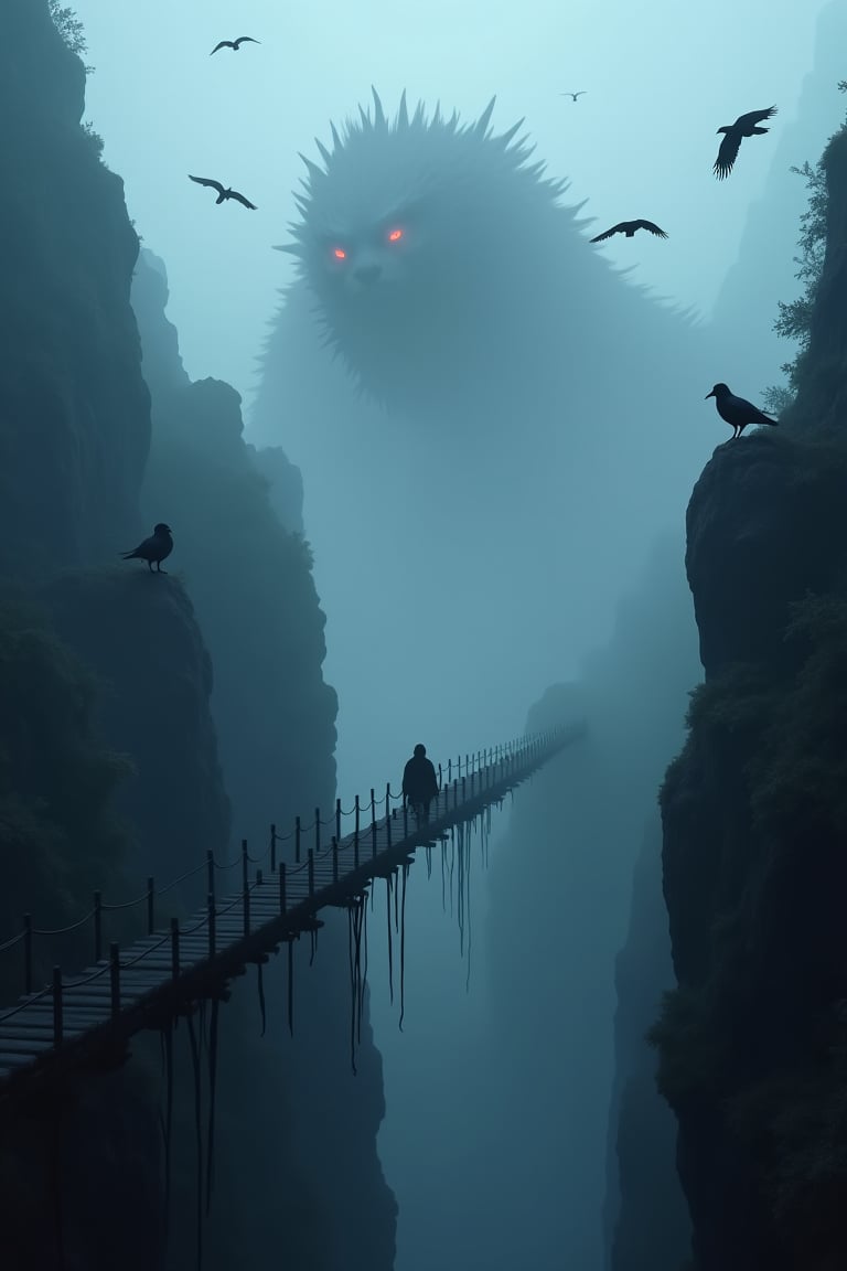 A mystical scene unfolds: A winding black wooden and rope pathway stretches high above a canyon's edge, disappearing into a dense fog shrouded in an eerie, heavy mist. Towering, extremely realistic monsters with faintly glowing red eyes pierce through the veil, their imposing presence casting a mysterious aura. Against the darkened sky, birds of darkness - extremely realistic black ravens - take to the air, their silhouettes a stark contrast to the haunting, otherworldly scene below.