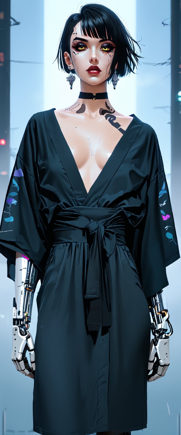 Prompt: In a dimly lit, smoky cyberpunk club, a femme fatale cyborg sits solo, her mechanical joints gleaming in the flickering light. Her striking features, framed by short hair and bangs, are adorned with jewelry and a black choker. she pets a snake that gazes directly at the viewer. She wears a revealing seethrough kimono, paired with Japanese-style earrings, and holds a katana surrounded by the dark, gritty atmosphere. Her gaze is sultry, exuding an air of sexy sophistication, as if inviting the viewer to enter her world. The scene is set in a Conrad Roset-inspired style, with a focus on dark, muted tones and industrial textures.,core_9,scary, (masterpiece:1.2),ct-virtual,dcas_lora
