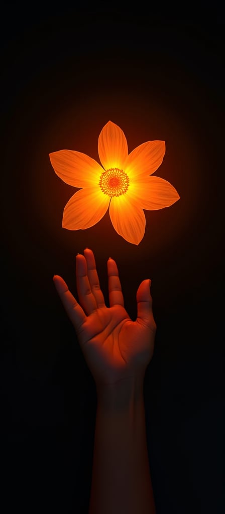 (wallpaper) a vibrant orange glowing shining flower is soaring across the dark sky backgound, dark background. The flower is glowing with a glowing orange hue, adding a pop of color to the scene. a hand of is try to reach the flower, that hand is positioned in a way that creates a striking contrast, The backdrop is a deep black, creating a stark contrast to the glowing flower and the hands which try to reach it.