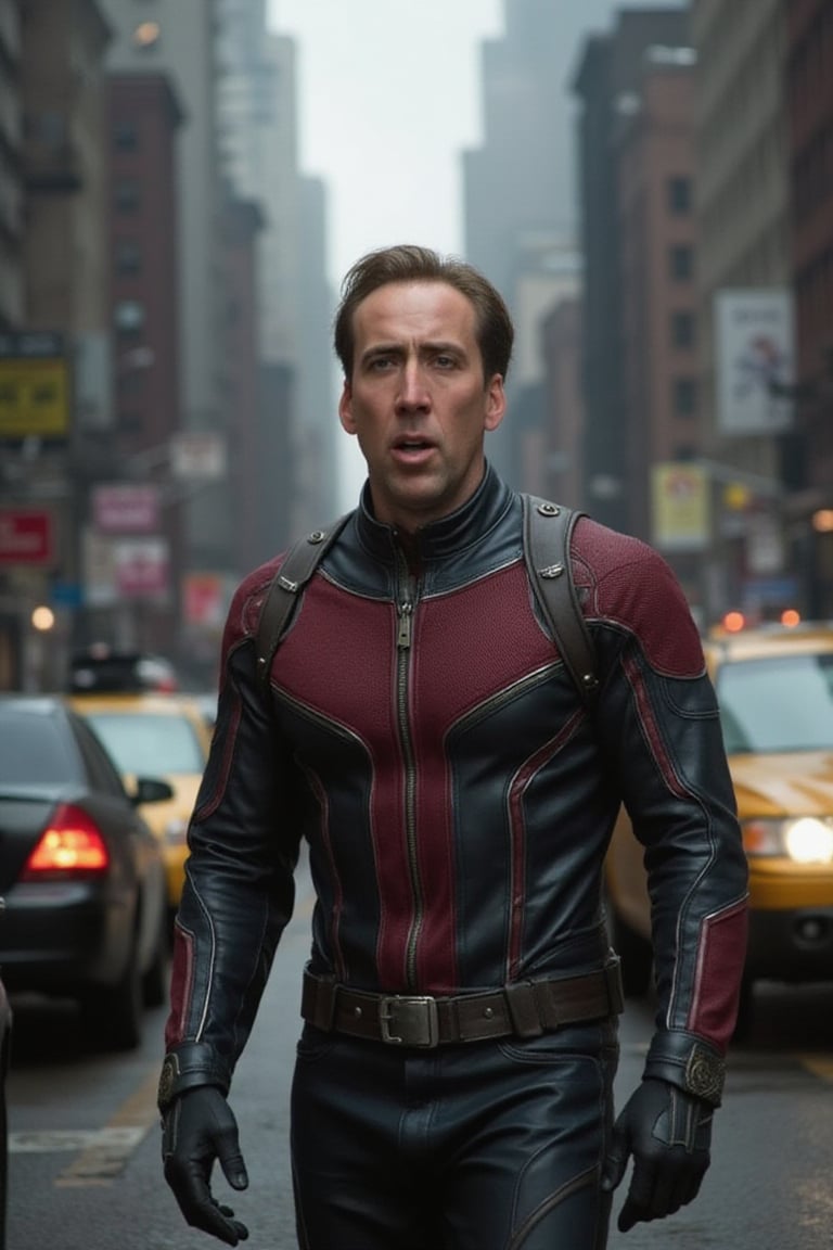 Nicolas Cage (nickcage) dressed as Ant-Man (Ant-man's suit is from the MCU movie), with New York in the background, a 35mm camera captures this epic scene in stunning 8K resolution, detailed background, sharp focus, proportional and beautiful, embodies the melancholic atmosphere of this big-budget production ((film production)), (((Masterpiece)))