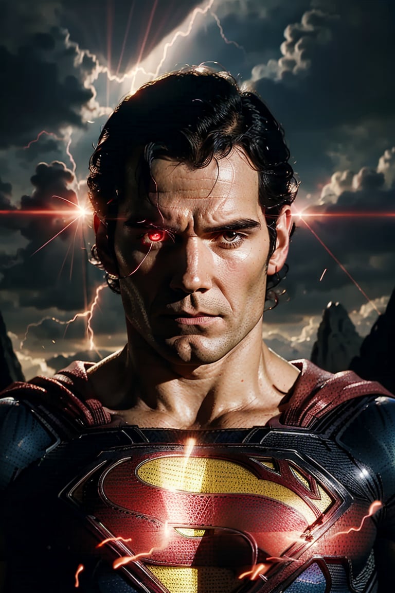 Portrait of superman about to shoot rays through his eyes,red lasers