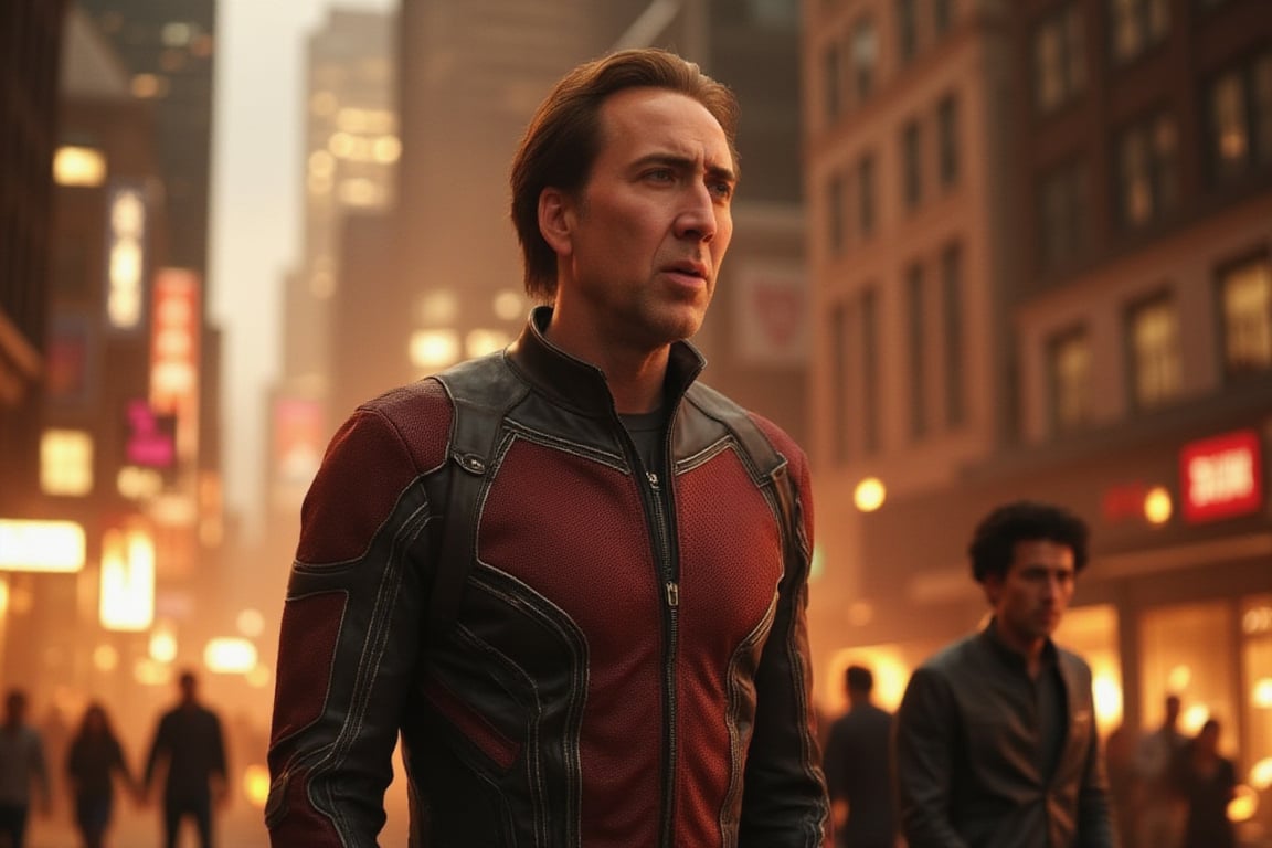 Nicolas Cage (nickcage) dressed as Ant-Man (Ant-man's suit is from the MCU movie), with New York under attack in the background, (cowboy shot) a 35mm camera captures this epic scene in stunning 8K resolution, detailed background, sharp focus, proportional and beautiful, embodies the melancholic atmosphere of this big-budget production ((film production)), (((Masterpiece)))