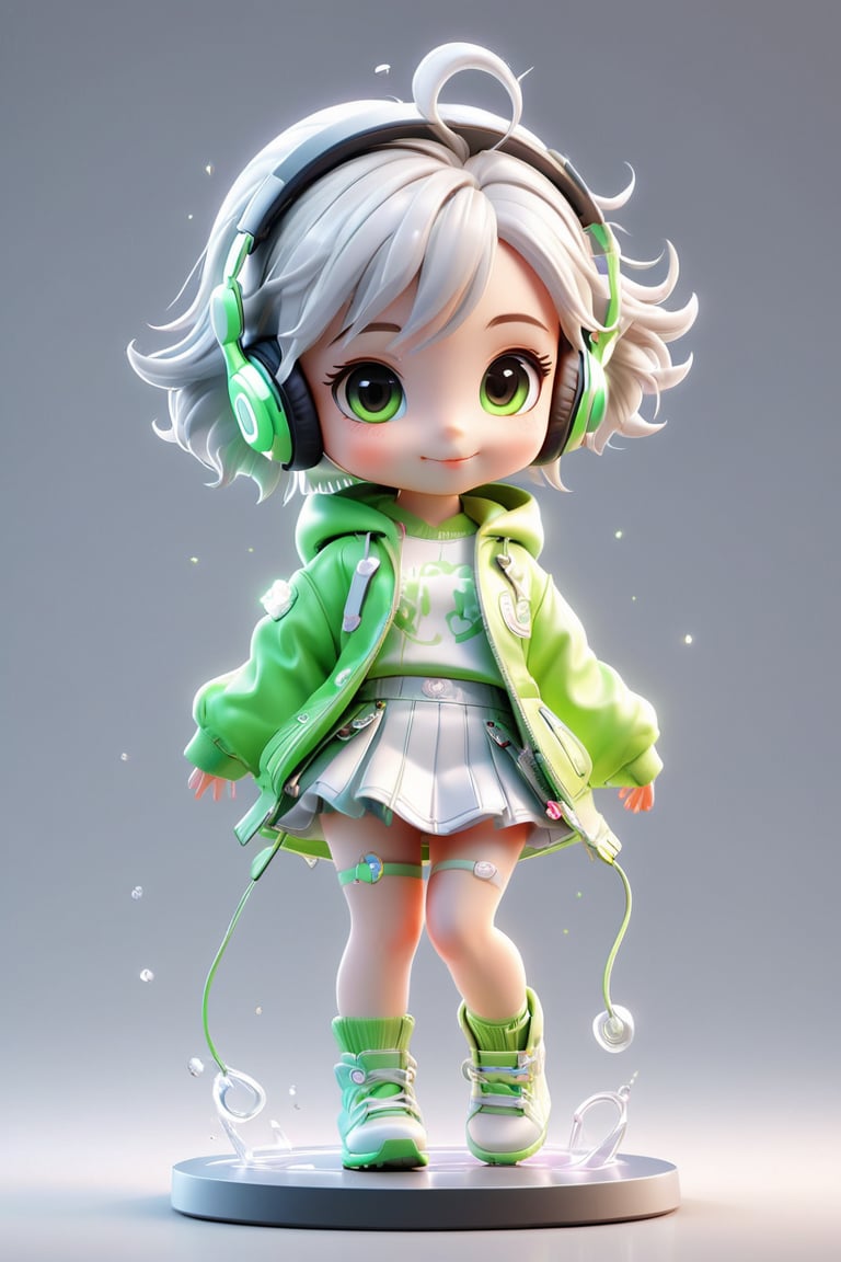 4d photographic image of full body image of a cute little chibi girl realistic, Personalized short skirt,mid short hair,Silver white earphones,vivid colors octane render trending on artstation, artistic photography, photorealistic concept art, soft natural volumetric cinematic perfect light, UHD no background