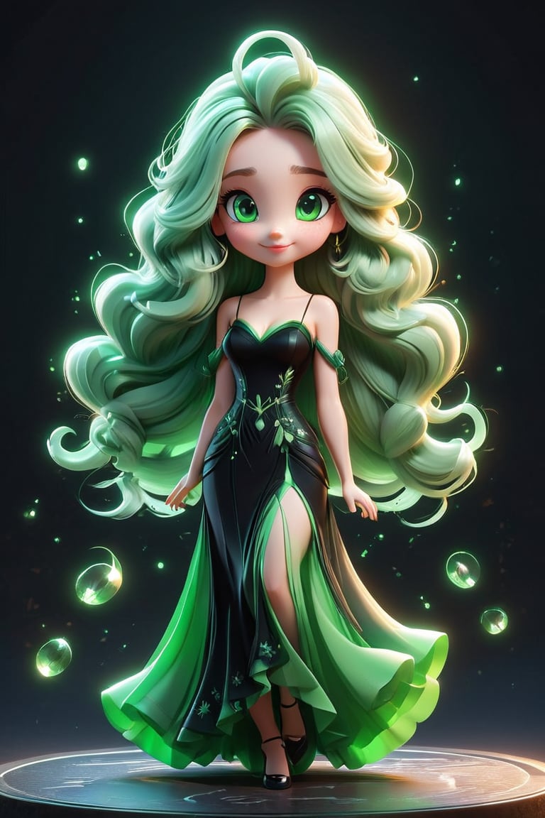 Amorphous forms characterize smooth lines, a cute face, green eyes, a cartoon disney style, cinematic warm lighting, green long hair, 20 years old, black evening dress.