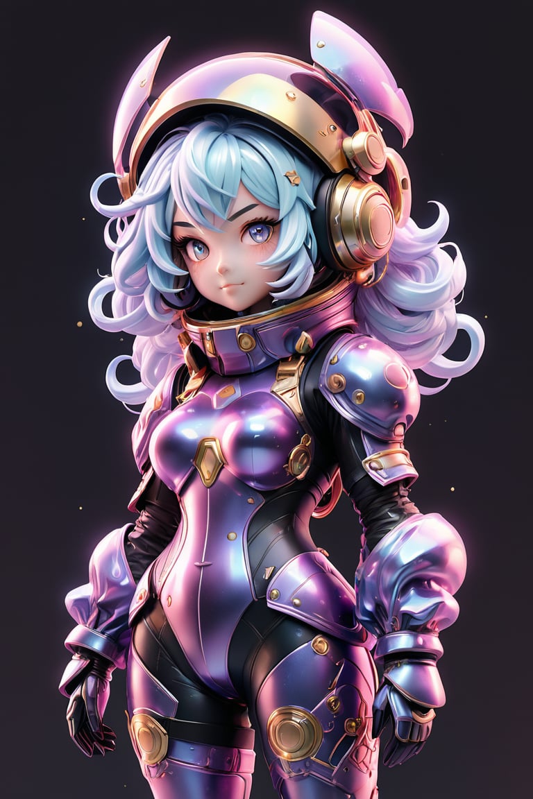 Chaotic maximalist anime illustration of an iridescent purple and black steel tight space suit worn by a woman with pastel blue hair, in the style of dark scarlet and light gold, liquid maximalist-core, use of precious materials, meticulous design, dark sanguine and pink, velvet-red and gold, stunning anime illustration, ray-tracing