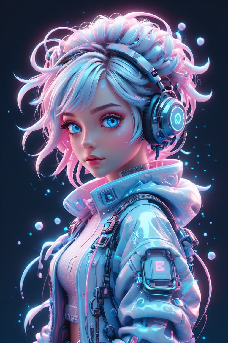 Detailed C4D style, beautiful and stunning artwork, girl, shimmering shadows, strong colors, candy cotton pastell colors, blue eyes, cyberpunk background with pink and blue lights