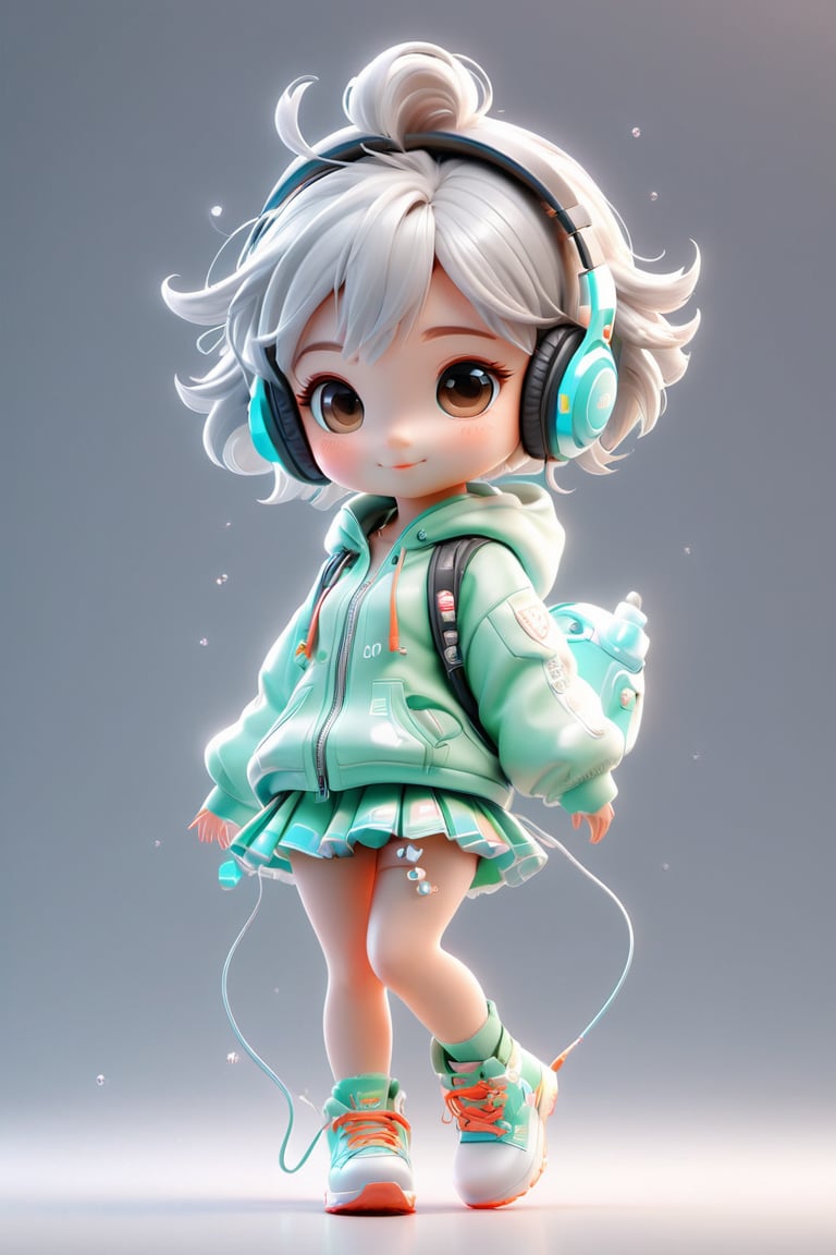 4d photographic image of full body image of a cute little chibi girl realistic, Personalized short skirt,mid short hair,Silver white earphones,vivid colors octane render trending on artstation, artistic photography, photorealistic concept art, soft natural volumetric cinematic perfect light, UHD no background