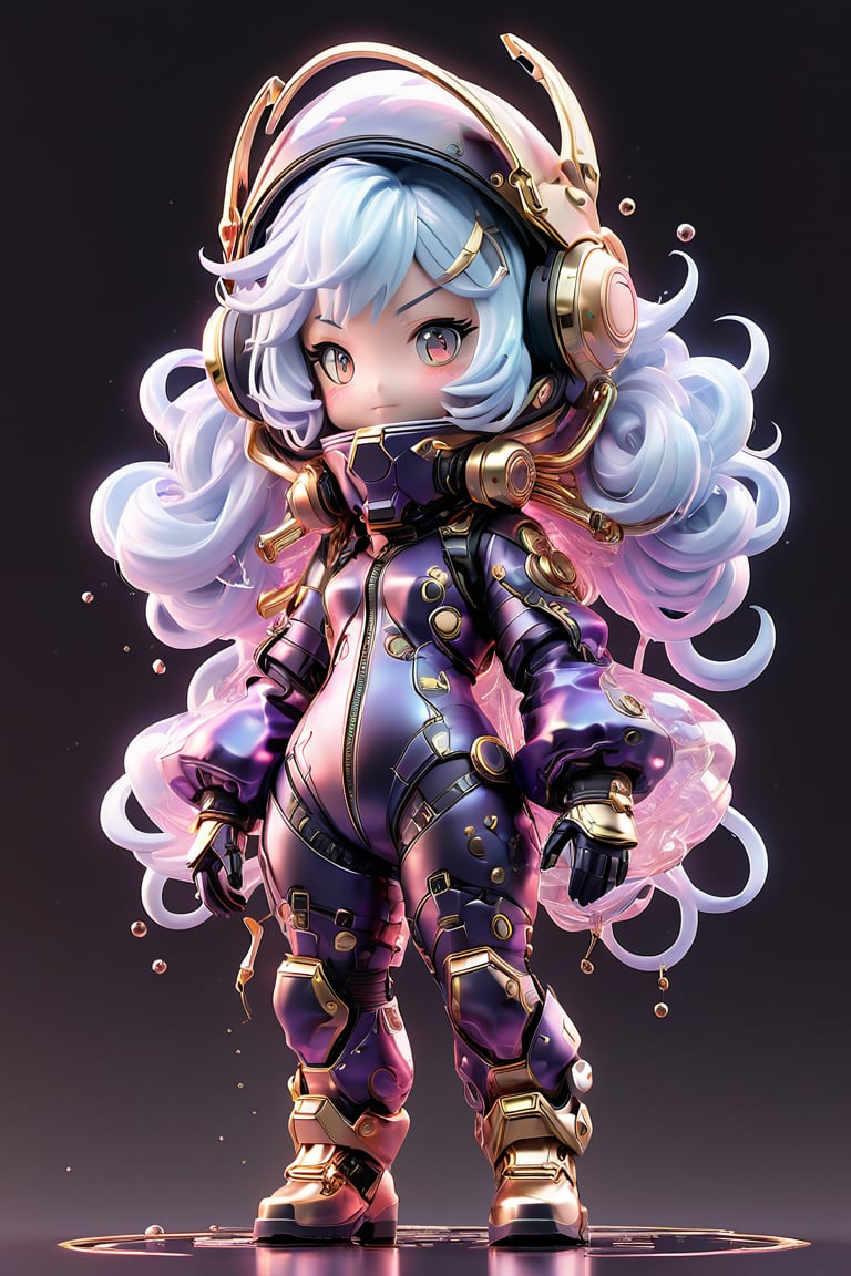 Chaotic maximalist anime illustration of an iridescent purple and black steel tight space suit worn by a woman with pastel blue hair, in the style of dark scarlet and light gold, liquid maximalist-core, use of precious materials, meticulous design, dark sanguine and pink, velvet-red and gold, stunning anime illustration, ray-tracing