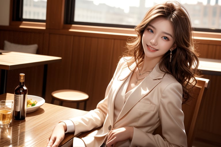 full body, 18 years old, 1 girl, beautiful Korean girl, office suit, high heeds, sitting at table in the fancy restaurant, solo, {beautifully detailed eyes}, blue eyes, calm expression, delicate features, ((model pose)), attractive figure, (brown hair: 1.2), knotted hair, waist Upper hair, curly hair, very long hair, simple small necklace, earrings, thin particles, real hands, masterpiece, top quality, 16k, photorealistic, super detailed, finely detailed, high resolution, perfect dynamic beautiful composition, beautifully detailed eyes, relaxed, sharp focus, full body, cowboy shot, nice smile, teeth,