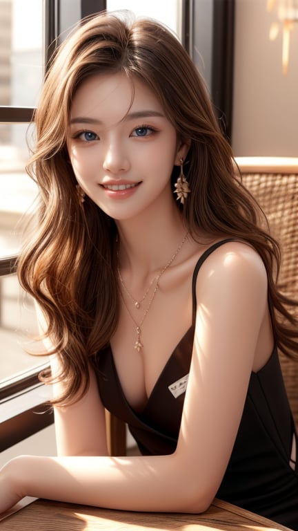 18 years old, 1 girl, beautiful Korean girl, office suit, high heeds, sitting at table in the fancy cafe, solo, {beautifully detailed eyes}, blue eyes, calm expression, delicate features, ((model pose)), attractive figure, (brown hair: 1.2), knotted hair, waist Upper hair, curly hair, very long hair, simple small necklace, earrings, thin particles, real hands, masterpiece, top quality, 16k, photorealistic, super detailed, finely detailed, high resolution, perfect dynamic beautiful composition, beautifully detailed eyes, relaxed, sharp focus, full body, cowboy shot, nice smile, teeth,