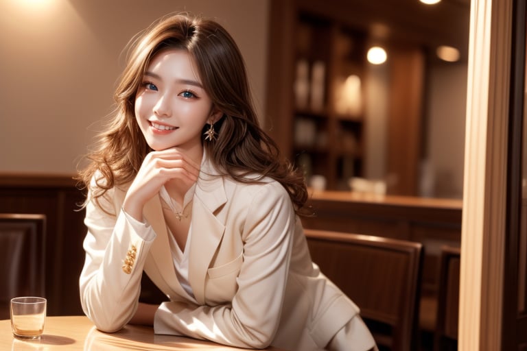 full body, 18 years old, 1 girl, beautiful Korean girl, office suit, high heeds, sitting at table in the fancy restaurant, solo, {beautifully detailed eyes}, blue eyes, calm expression, delicate features, ((model pose)), attractive figure, (brown hair: 1.2), knotted hair, waist Upper hair, curly hair, very long hair, simple small necklace, earrings, thin particles, real hands, masterpiece, top quality, 16k, photorealistic, super detailed, finely detailed, high resolution, perfect dynamic beautiful composition, beautifully detailed eyes, relaxed, sharp focus, full body, cowboy shot, nice smile, teeth,