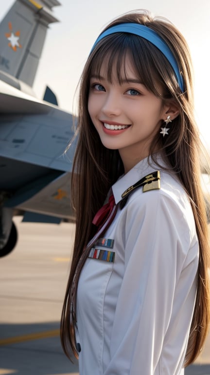 One girl, solo, long hair, looking at the viewer, teeth, smile, bangs, brown hair, realistic, tight uniform, navy uniform, military jacket, aircraft carrier deck, sea, upper body, next to a fighter jet Standing, realistic, middle of the chest, earrings, blue eyes, lips, ribbon headband, lips, ribbon, realistic, open lips, looks good in a fighter jet, 18 years old, has a nice smile,