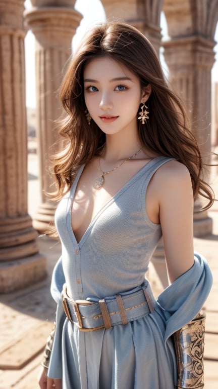 18 years old, 1 girl, beautiful Korean girl, gladiator costume, long boots, standing inside the colosseum, solo, {beautifully detailed eyes}, blue eyes, calm expression, delicate features, ((model pose)), attractive figure, (brown hair: 1.2), knotted hair, waist Upper hair, curly hair, very long hair, simple small necklace, earrings, thin particles, real hands, masterpiece, top quality, 16k, photorealistic, super detailed, finely detailed, high resolution, perfect dynamic beautiful composition, beautifully detailed eyes, relaxed, sharp focus, full body, cowboy shot, nice smile, teeth,