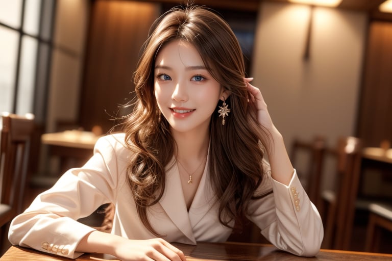 full body, 18 years old, 1 girl, beautiful Korean girl, office suit, high heeds, sitting at table in the fancy restaurant, solo, {beautifully detailed eyes}, blue eyes, calm expression, delicate features, ((model pose)), attractive figure, (brown hair: 1.2), knotted hair, waist Upper hair, curly hair, very long hair, simple small necklace, earrings, thin particles, real hands, masterpiece, top quality, 16k, photorealistic, super detailed, finely detailed, high resolution, perfect dynamic beautiful composition, beautifully detailed eyes, relaxed, sharp focus, full body, cowboy shot, nice smile, teeth,